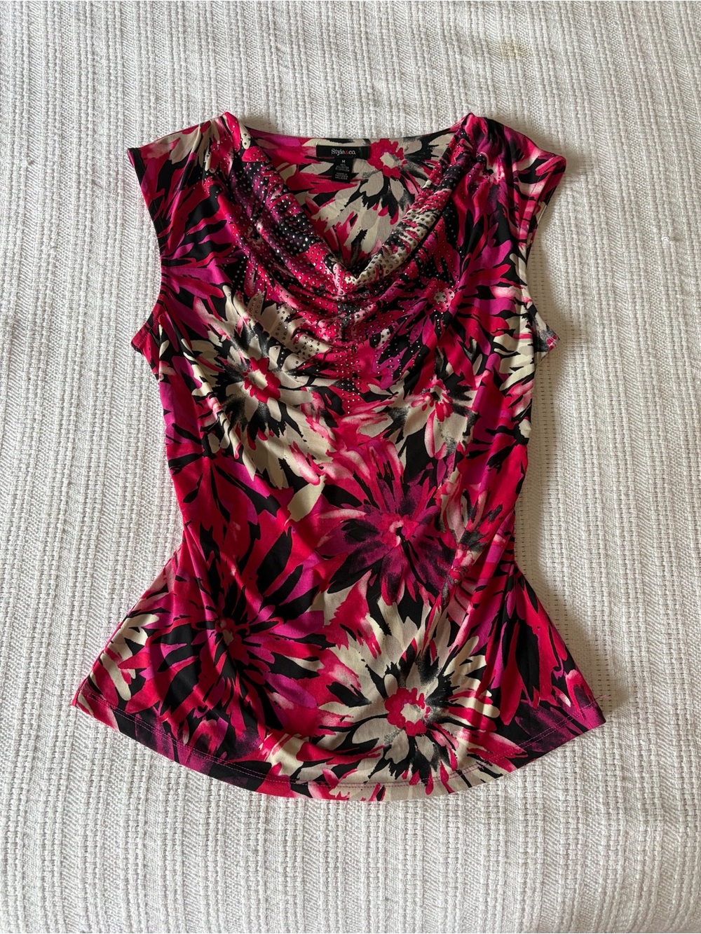 Style & Co. Pink Floral Cowl Neck Blouse with Studded Accents - Size M